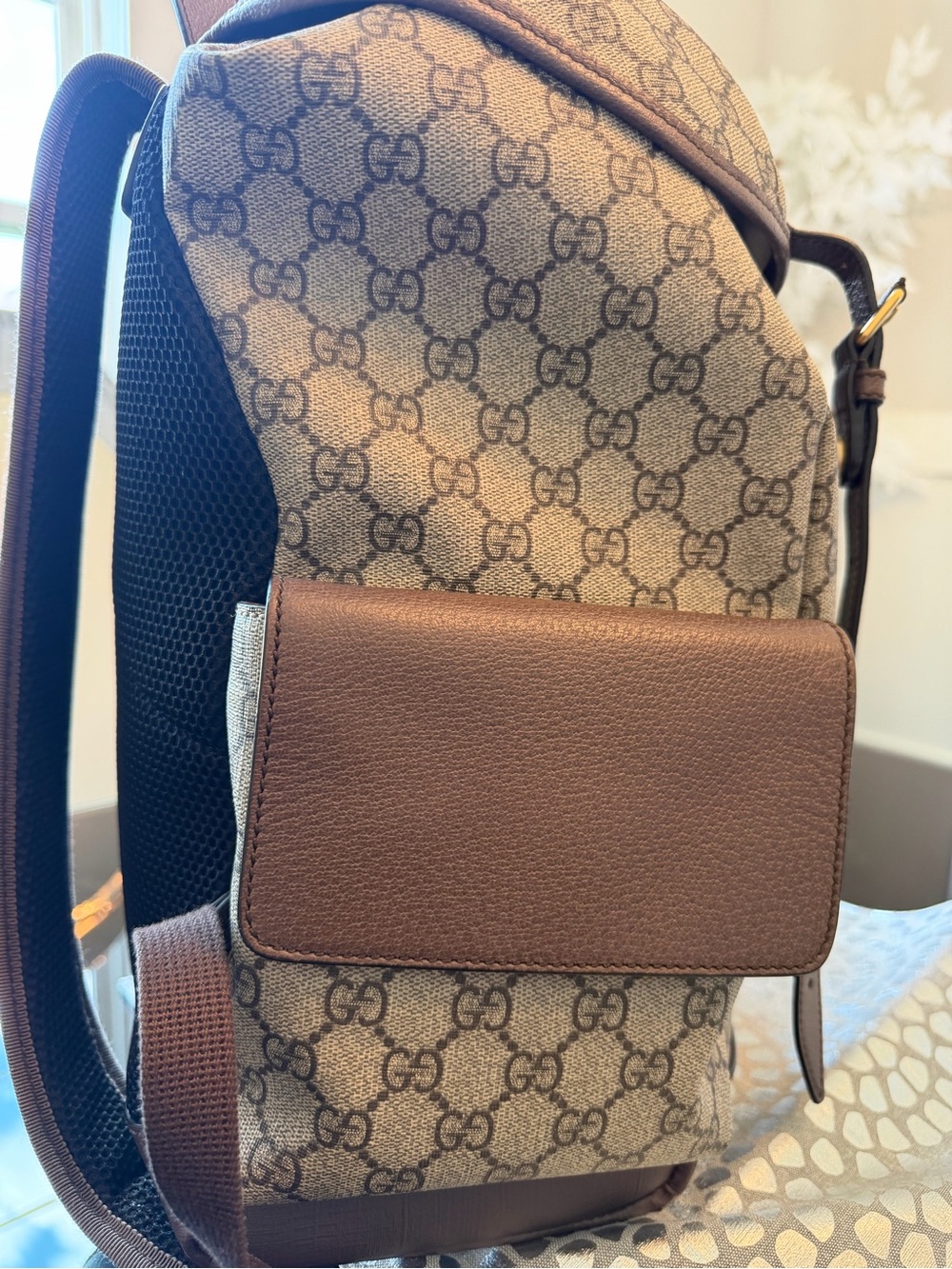 Gucci GG Supreme Coated Canvas Backpack with Red & Green Stripe and Brown Trim - Picture 6 of 16
